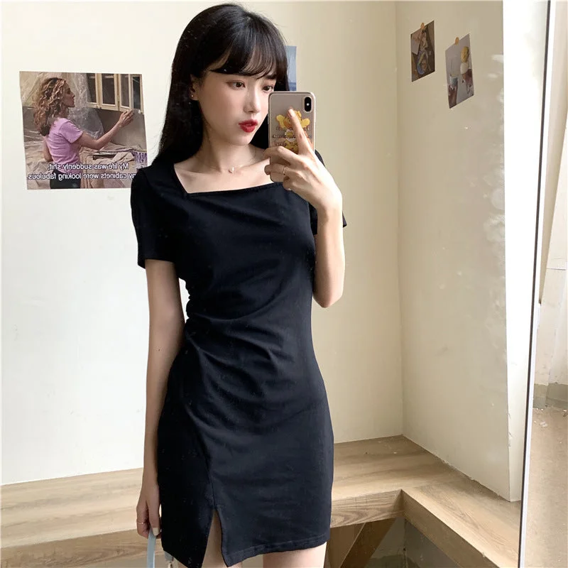 NiDELL French Retro Fashion Sexy Slit Black Dress . Summer New Hong Kong Style Square Collar Short Sleeve Dress