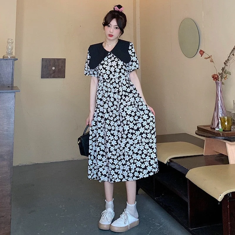 NiDELL French Retro Sweet Student First Love Peter Pan Collar Short Sleeve Dress Fairy Summer Design Sense Niche Loose