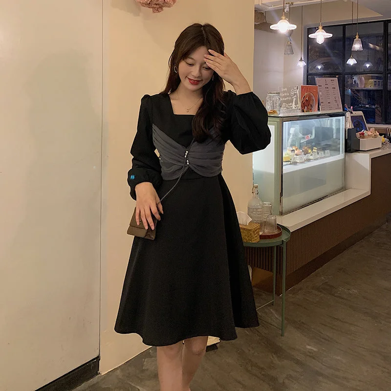 NiDELL Hepburn Style Dress . Autumn and Winter New French Style Design Niche Temperament Slimming Square Collar Long Sleeve Skirt Children