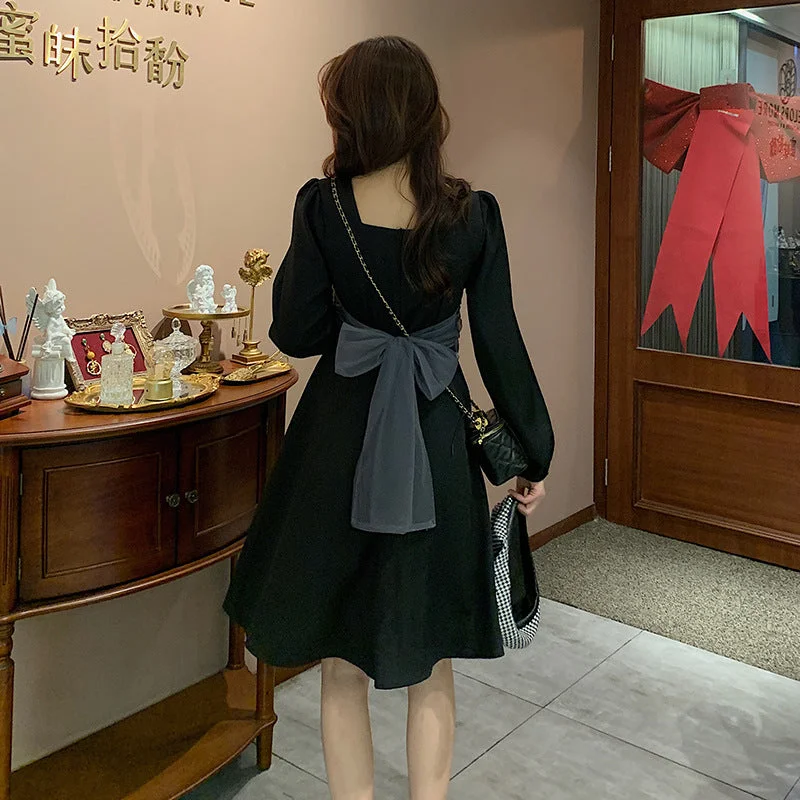 NiDELL Hepburn Style Dress . Autumn and Winter New French Style Design Niche Temperament Slimming Square Collar Long Sleeve Skirt Children