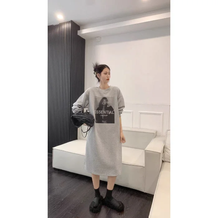 NiDELL Korean Chic New Casual Simple Western Style Fleece-Lined Autumn and Winter Printed Sweater Dress Lazy Style Fashion Dress