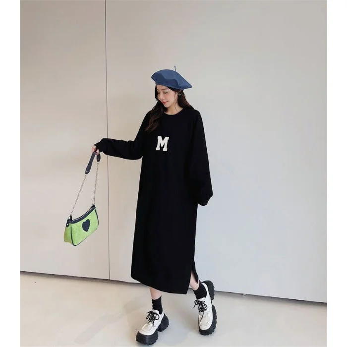 NiDELL Korean Style Large Size Women's Clothing Loose with Pockets Autumn and Winter Brushed Hoody Long Dress Split round-Neck Women's Fashion Dress