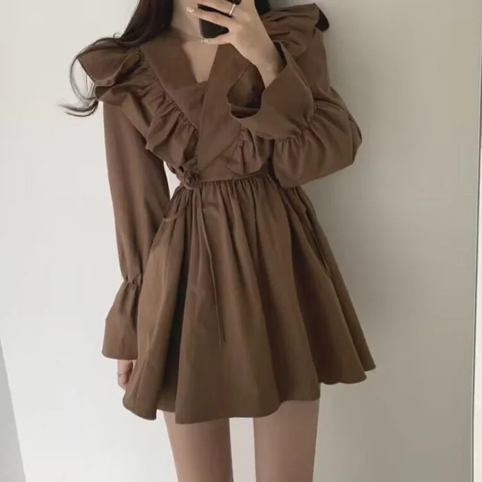 NiDELL . New Early Autumn Retro V-neck Cross Ruffled Tied Fitted Waist Flare-Sleeve Short Small Size Dress