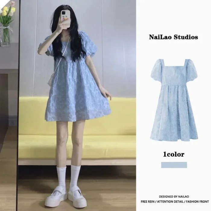 NiDELL . New Summer French Pettiskirt Square Collar Puff Sleeve Princess Dress Fairy Dress Summer Dress