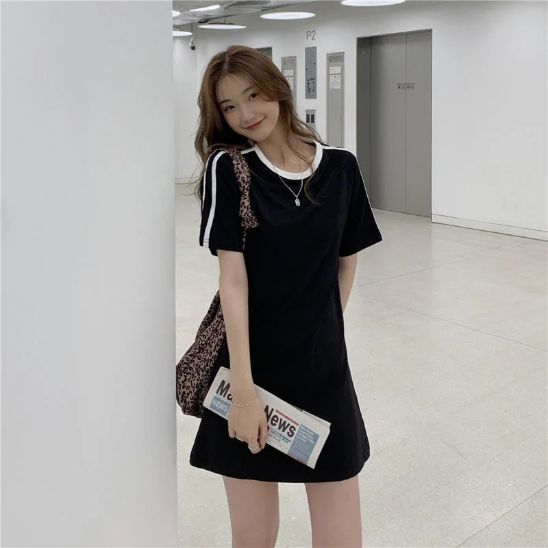 NiDELL Preppy Style Mid-Length Cotton Striped Temperament Short Sleeve T-shirt Skirt Women's . Summer Small Ins Fashion Top