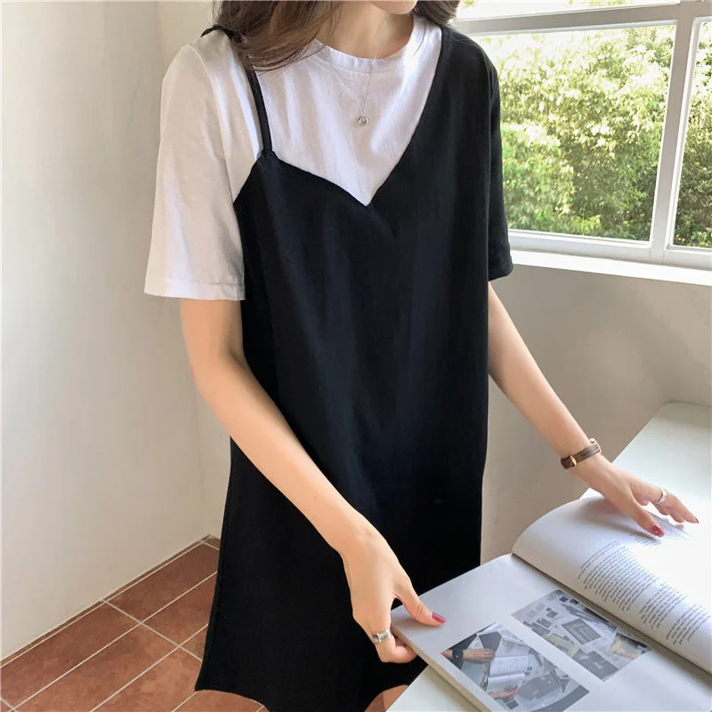 NiDELL Pure Cotton Hong Kong Style Trendy Fake Two Pieces Elegant Dress for Women . Summer New Small Short Sleeve T-shirt Skirt Fashion