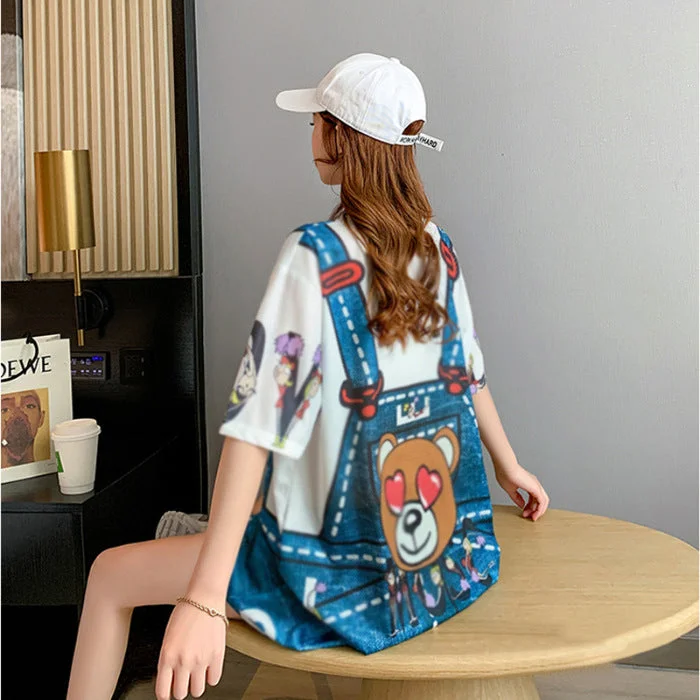 NiDELL Summer Alphabet Cartoon Print Short Sleeve T-shirt Skirt Loose plus Size Women's Clothing Overknee Long Dress Korean Dress