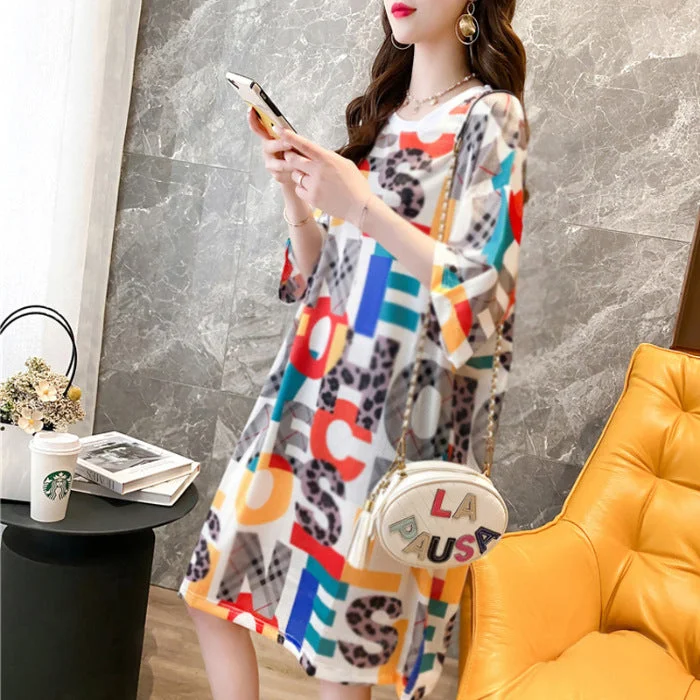 NiDELL Summer Letter Print Short-Sleeve T-shirt Skirt Loose plus Size Women's Clothing Overknee Long Dress Korean Ins Style Dress