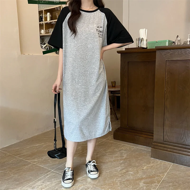 NiDELL . Summer New Korean Style Color Contrast Patchwork Mid-Length Loose Large Size Short Sleeve T-shirt Skirt Women's round Neck Dress