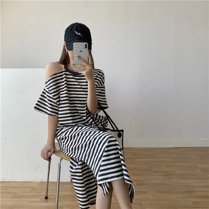 NiDELL Summer New Korean Style Ins Popular Dress Women's Open Loose Casual Fork Drape Striped Short Sleeve T-shirt Skirt Trendy