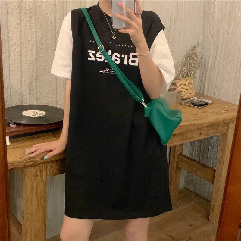 NiDELL . Summer New Korean Style Loose Large Size Letters Printed Fake Two-Piece Dress Short Sleeve T-shirt Skirt Women's Ins Fashion