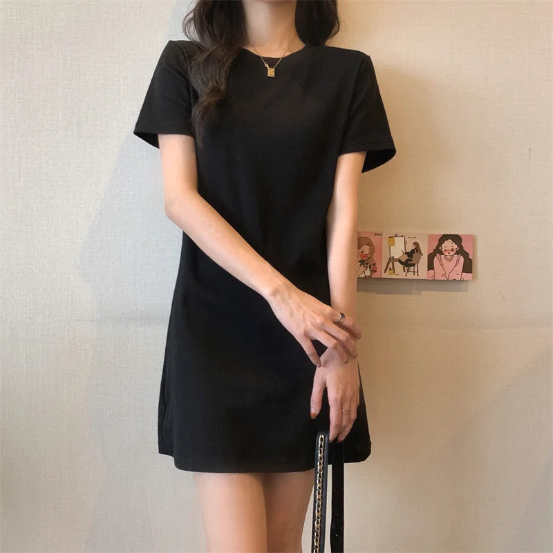 NiDELL . Summer New Korean Style Simple Solid Color High-Elastic Straight Cotton round Neck Mid-Length Short Sleeve T-shirt Skirt Women