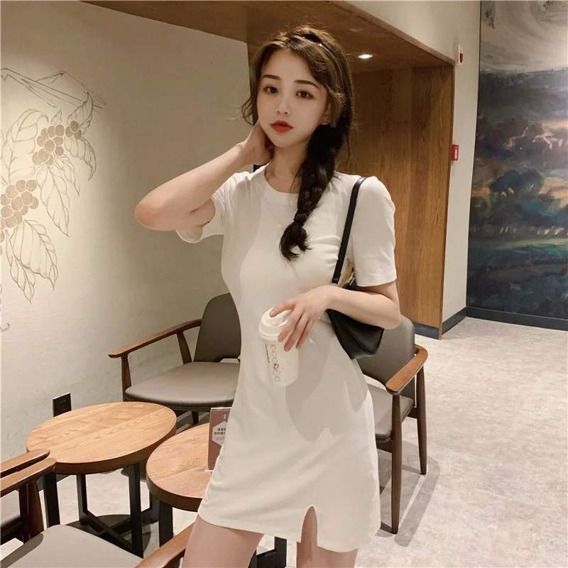 NiDELL . Summer New Korean Style Simple Solid Color Temperament Split Slim Fit Hip Short Sleeve T-shirt Skirt Dress for Women