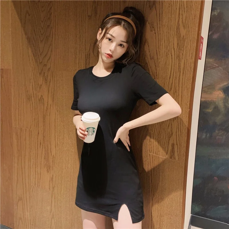 NiDELL . Summer New Korean Style Simple Solid Color Temperament Split Slim Fit Hip Short Sleeve T-shirt Skirt Dress for Women