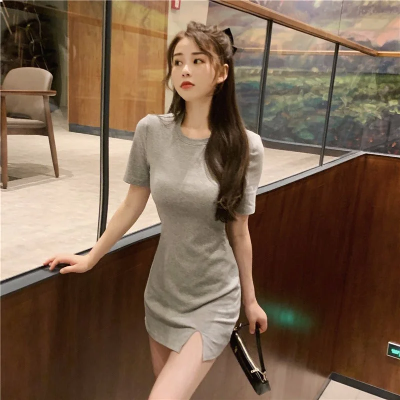 NiDELL . Summer New Korean Style Simple Solid Color Temperament Split Slim Fit Hip Short Sleeve T-shirt Skirt Dress for Women