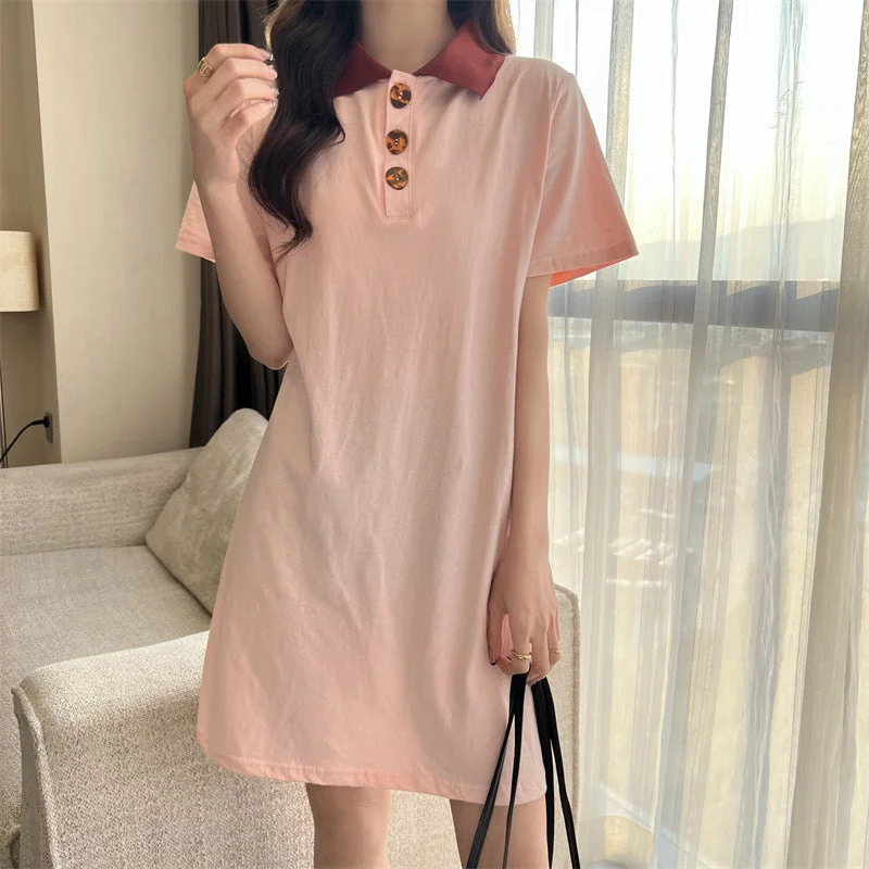 NiDELL . Summer New Korean Style Sweet Preppy Style Polo Lapel Short Sleeve Dress Women's Mid-Length T-shirt Skirt