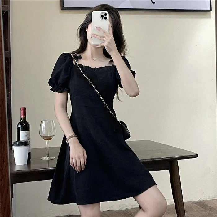 NiDELL . Summer New Retro Hepburn Style Square Collar Jacquard Black Dress French Style Temperament Waist-Controlled Slimming Dress for Women