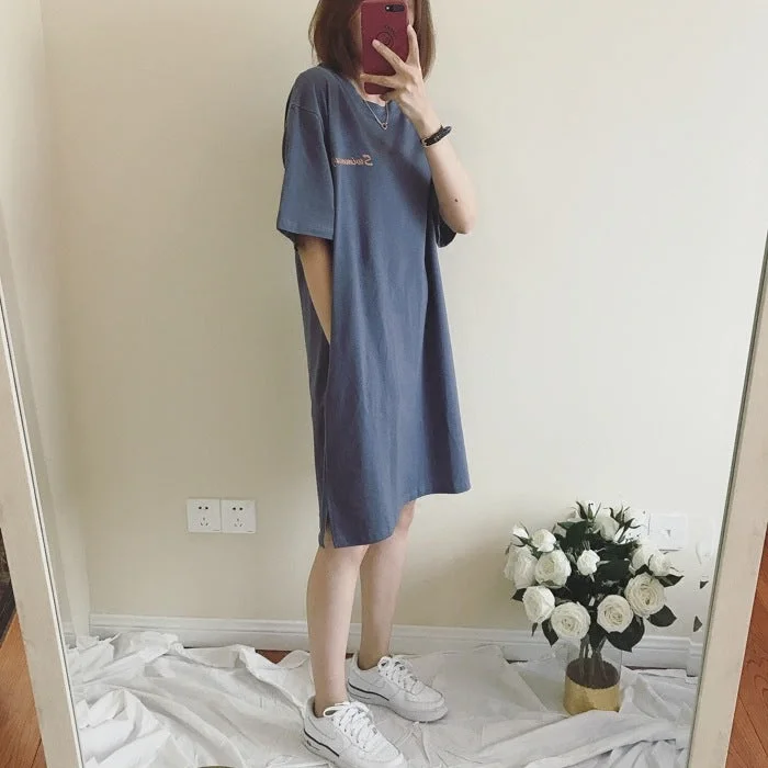 NiDELL Summer Nightdress Women's New Cotton Korean Style Pocket Pajamas Women's Mid-Length Short Sleeve Women's Outer Wear Loose Dress