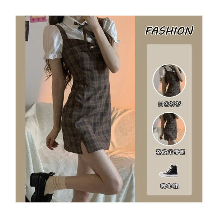 NiDELL Summer Puff Sleeve Fake Two-Piece Polo Collar Plaid Dress Female Korean Leisure Simple Student Waist-Tight Short Female Fashion