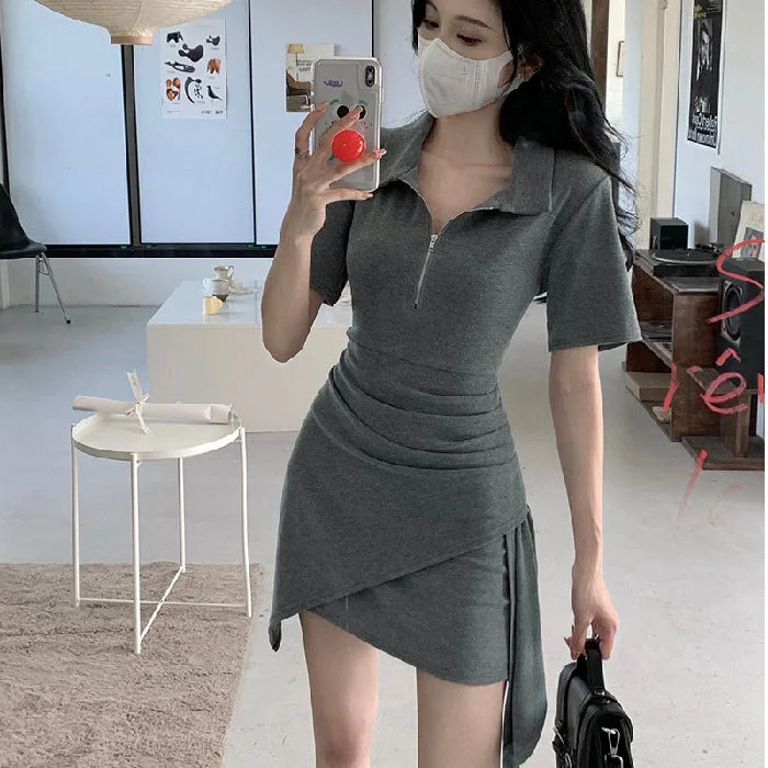 NiDELL Summer Short-Sleeved Polo Dress for Women . New Irregular Cinched Hip Skirt Slimming Hot Girl Skirt