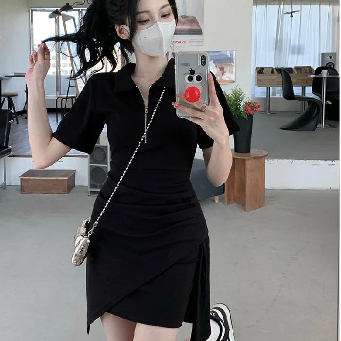 NiDELL Summer Short-Sleeved Polo Dress for Women . New Irregular Cinched Hip Skirt Slimming Hot Girl Skirt