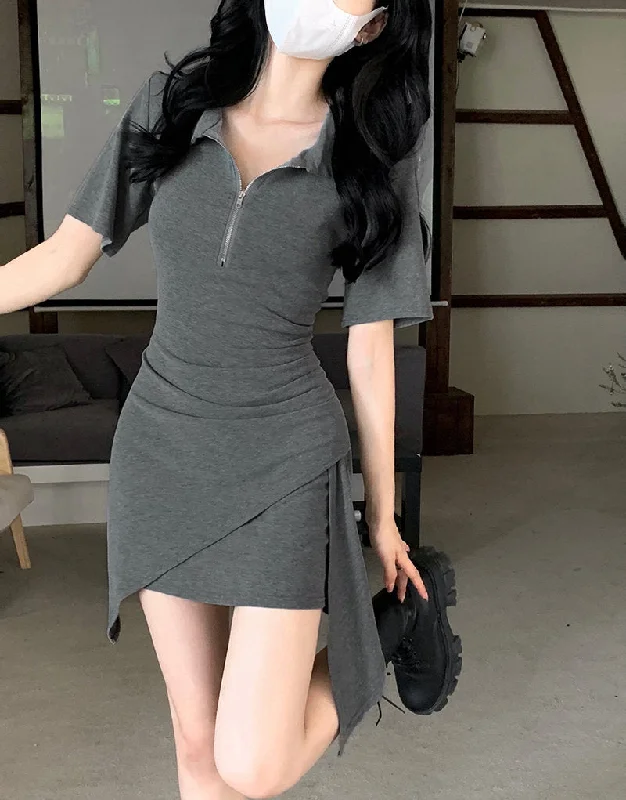 NiDELL Summer Short-Sleeved Polo Dress for Women . New Irregular Cinched Hip Skirt Slimming Hot Girl Skirt