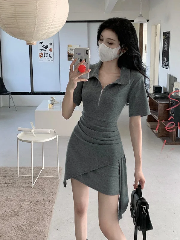 NiDELL Summer Short-Sleeved Polo Dress for Women . New Irregular Cinched Hip Skirt Slimming Hot Girl Skirt