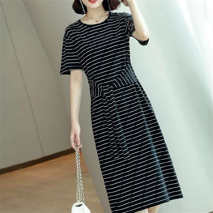 NiDELL T-shirt Skirt Women's Summer . New Large Size Plump Girls Middle-Aged and Elderly Women's Dress Mid-Length Fitted Waist Striped Dress