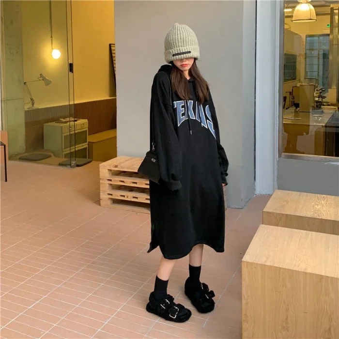 NiDELL Winter Korean Style Simple Loose Large Size T-shirt Skirt Letter Print Sweatshirt Skirt Simple Velvet Thick Hooded Women's Fashion