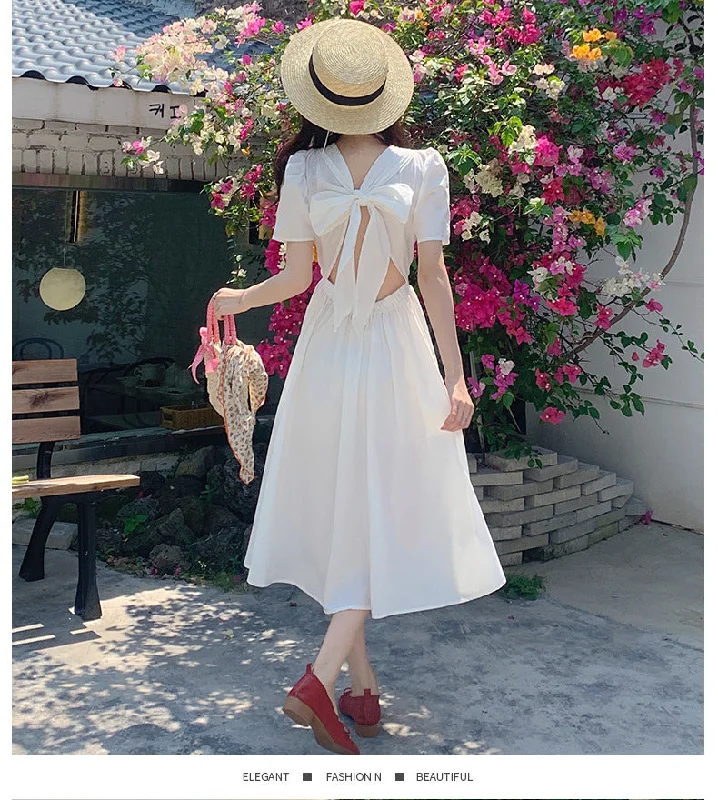 NiDELL Women's Clothing . Summer New Korean Style Pure Desire Style Puff Sleeve Back Hollow Bow Waist Slimming Dress