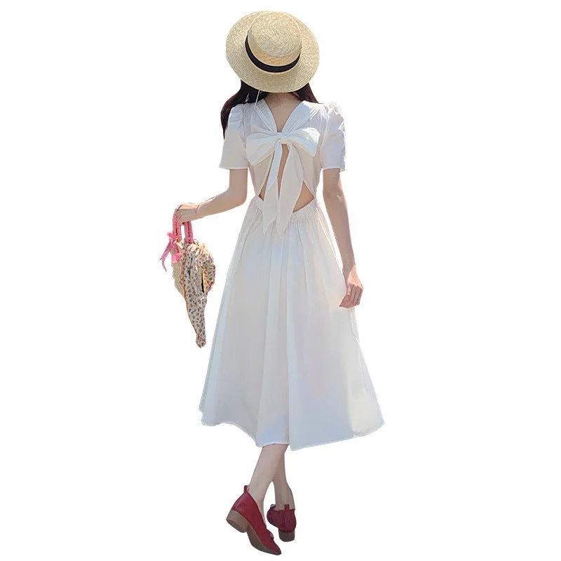 NiDELL Women's Clothing . Summer New Korean Style Pure Desire Style Puff Sleeve Back Hollow Bow Waist Slimming Dress