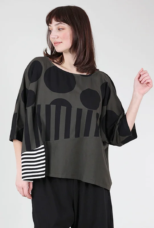 Dots & Stripes Box Top, Black/Khaki