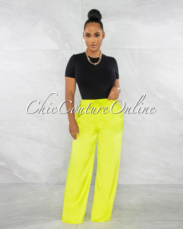 Berkley Lime Drawstring Wide Silky Pants