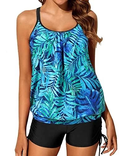 Slimming Push Up Padded Bra Blouson Tankini Swimsuit Shorts-Dark Blue Green Leaves