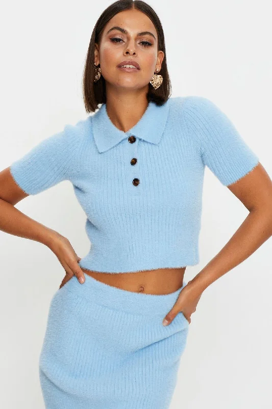 Blue Collar Crop Knit Top