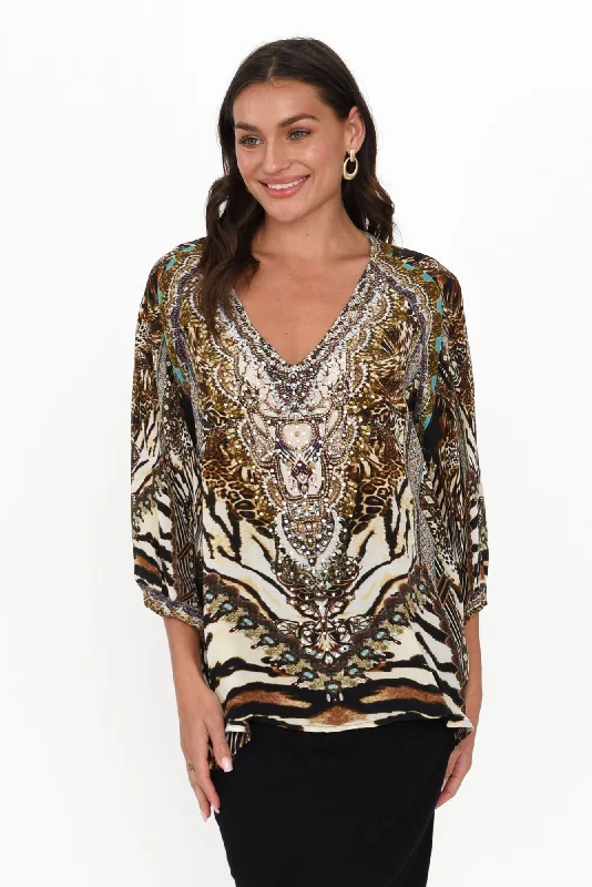 Brown Cheetah Silk Gypsy Top