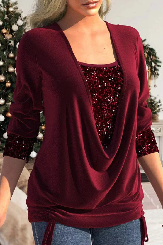 Lilipretty Christina Sequin Drape Neck Ruched Top