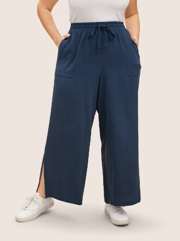 Linen Blend Drawstring Split Hem Wide Leg Pants