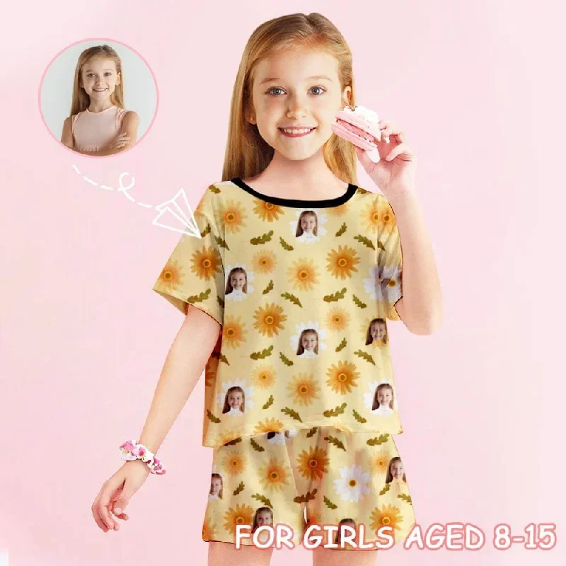 Big Kids Pajamas Custom Face Yellow Flowers Sleepwear Personalized Kids' Short Sleeve Pajama Set For Girls 8-15Y