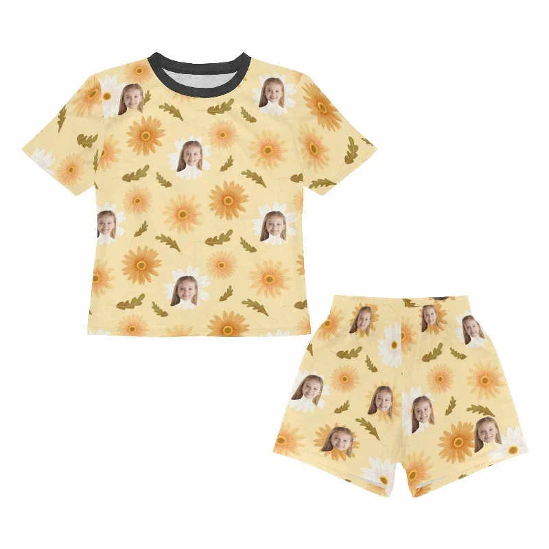 custom-face-yellow-flowers-big-kids-short-pajama-set-for-girls