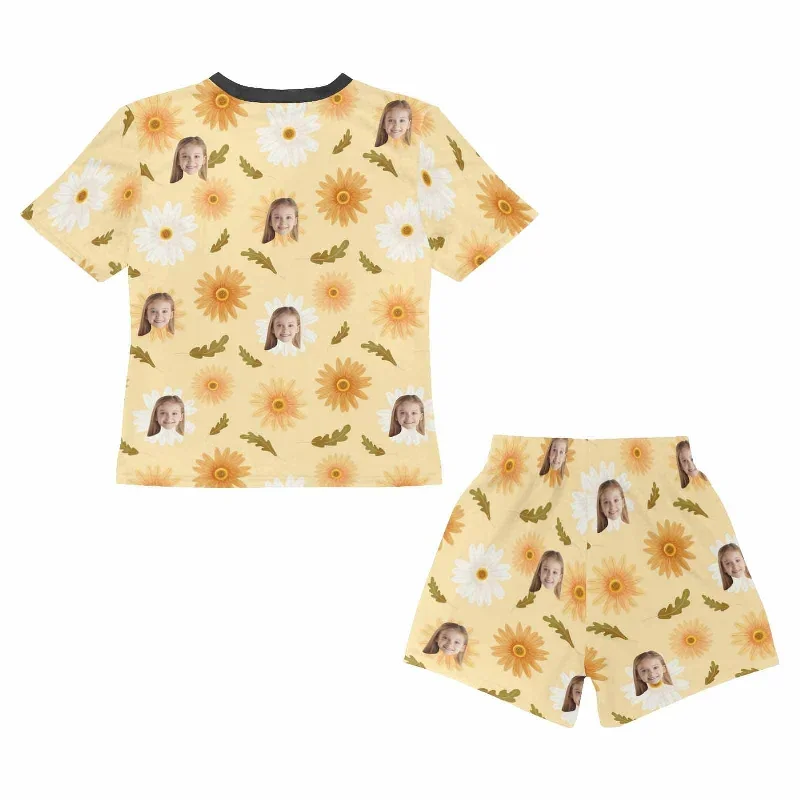 custom-face-yellow-flowers-big-kids-short-pajama-set-for-girls