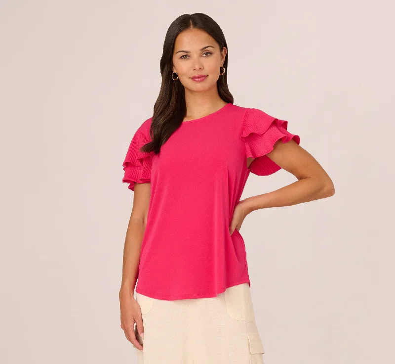 Double Flutter Sleeve Top With Pleated Details In Pink Cherry