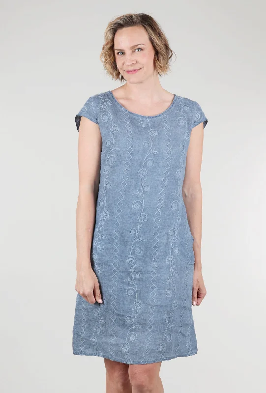 Linen Ribbed Back Panel Dress, Indigo/Embroidery