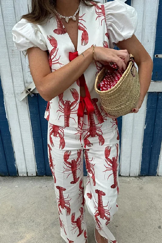 fun-vacation-lobster-print-front-tie-up-puff-sleeve-loose-shirt