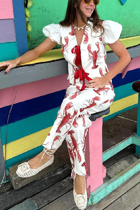 fun-vacation-lobster-print-front-tie-up-puff-sleeve-loose-shirt