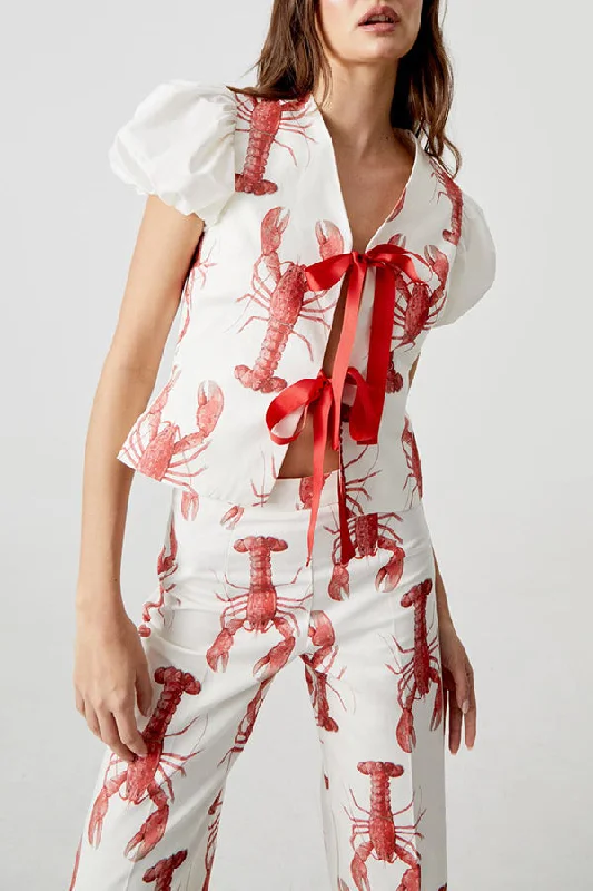 fun-vacation-lobster-print-front-tie-up-puff-sleeve-loose-shirt