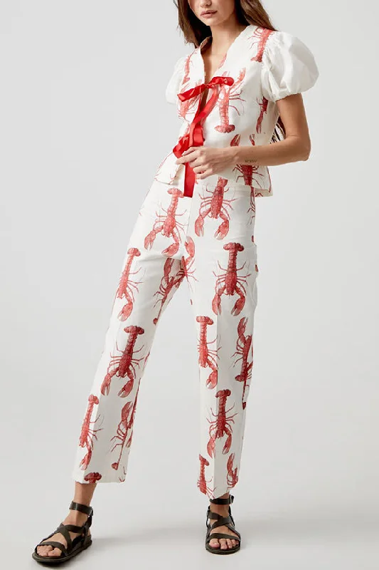 fun-vacation-lobster-print-front-tie-up-puff-sleeve-loose-shirt