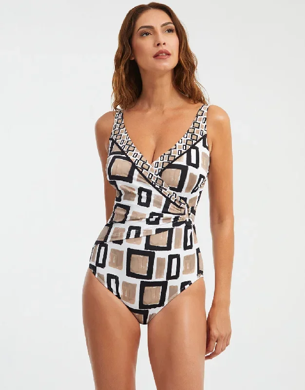 Geo Wrap Swimsuit - Black White and Gold