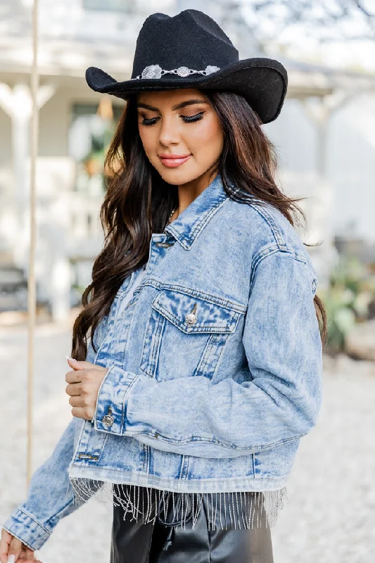 Got Nothing But Time Medium Wash Beaded Fringe Hem Denim Jacket FINAL SALE