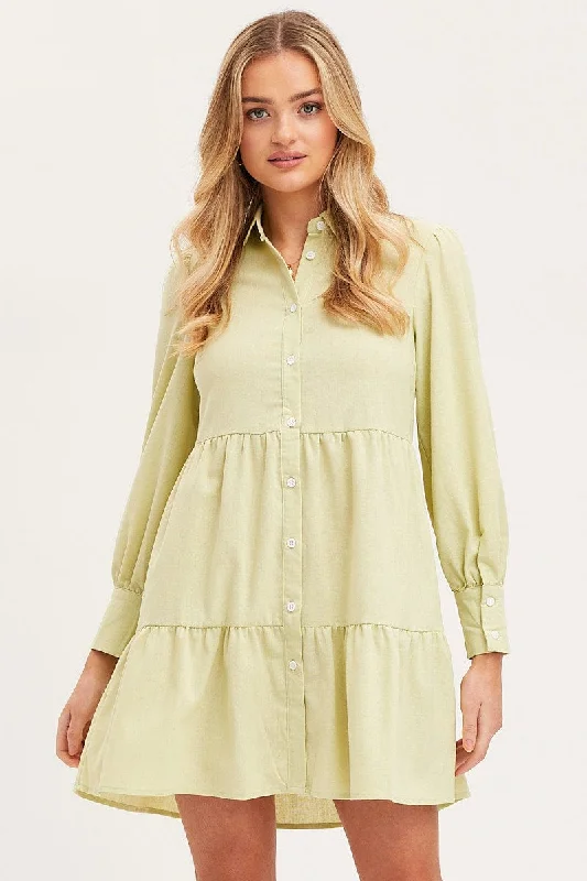 Green Shirt Dress Long Sleeve Button Front